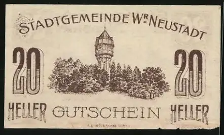 Notgeld Wr. Neustadt 1920, 20 Heller, Stadtansicht und Wasserturm