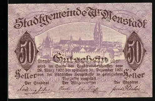 Notgeld Wiener Neustadt 1920, 50 Heller, Stadtansicht und Wappen