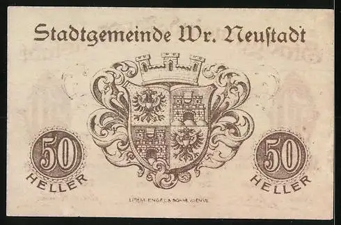 Notgeld Wiener Neustadt 1920, 50 Heller, Stadtansicht und Wappen