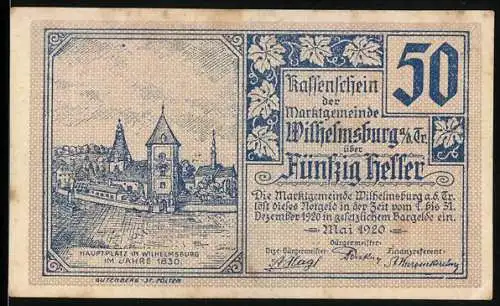 Notgeld Wilhelmsburg 1920, 50 Heller, Marktplatz und Wappen mit Gebäudemotiv