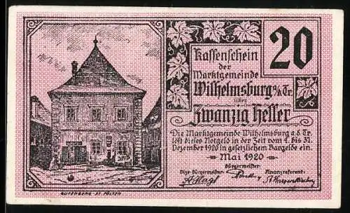 Notgeld Wilhelmsburg 1920, 20 Heller, historisches Gebäude und Wappenmotiv