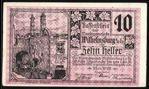 Notgeld Wilhelmsburg 1920, 10 Heller, Burgansicht und Wappenmuster