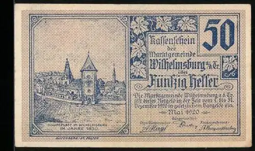 Notgeld Wilhelmsburg 1920, 50 Heller, Stadtansicht und Wappen mit Gebäude und Ornamenten