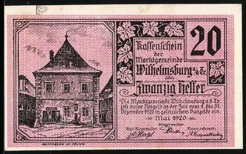 Notgeld Wilhelmsburg 1920, 20 Heller, historisches Gebäude und Wappen mit Schlossansicht