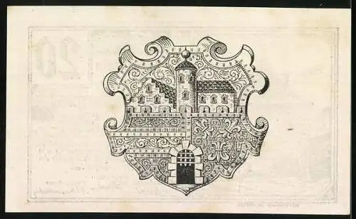 Notgeld Wilhelmsburg 1920, 20 Heller, historisches Gebäude und Wappen mit Schlossansicht