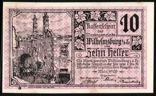 Notgeld Wilhelmsburg 1920, 10 Heller, Ruinenansicht und Wappen mit Gebäudeillustration