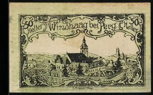 Notgeld Windhaag bei Perg 1920, 50 Heller, Stadtansicht und Schlossillustration