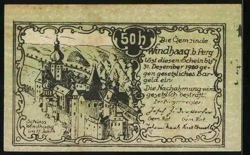 Notgeld Windhaag bei Perg 1920, 50 Heller, Stadtansicht und Schlossillustration