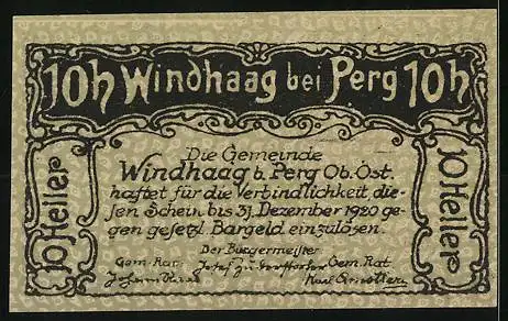 Notgeld Windhaag bei Perg 1920, 10 Heller, Burgansicht mit Landschaftsmotiv