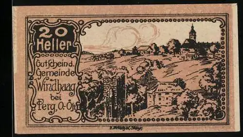 Notgeld Windhaag 1920, 20 Heller, Landschaftsmotiv mit Dorfansicht bei Perg, O.Ö