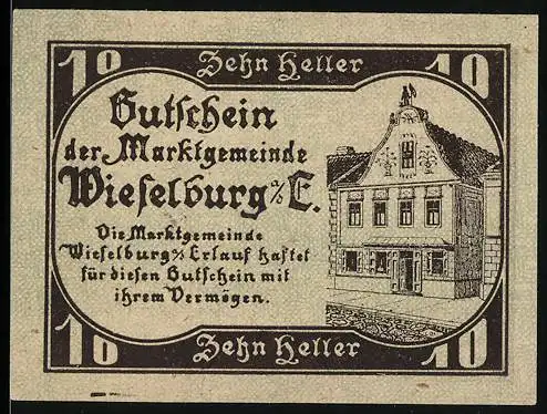 Notgeld Wieselburg 1920, 10 Heller, Gebäude und Wappenmotiv