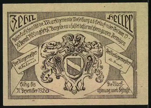 Notgeld Wieselburg 1920, 10 Heller, Gebäude und Wappenmotiv