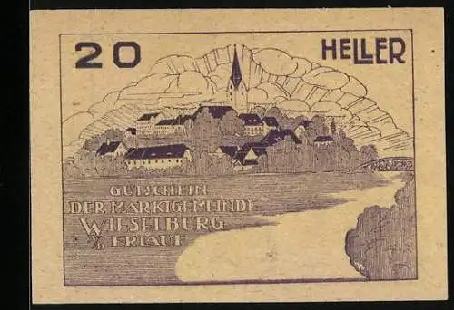 Notgeld Wieselburg 1920, 20 Heller, Stadtansicht und Wappen der Marktgemeinde