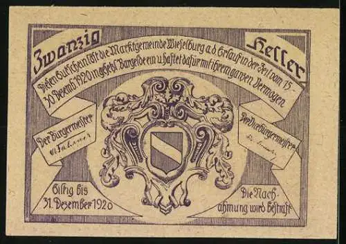 Notgeld Wieselburg 1920, 20 Heller, Stadtansicht und Wappen der Marktgemeinde