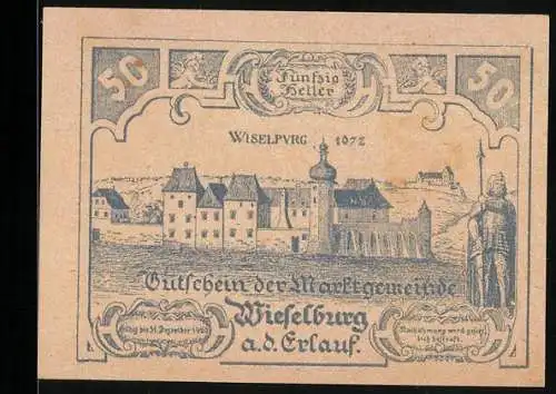 Notgeld Wieselburg 1920, 50 Heller, Stadtansicht und Wappen der Stadt mit dekorativen Elementen