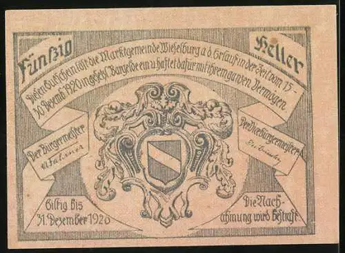 Notgeld Wieselburg 1920, 50 Heller, Stadtansicht und Wappen der Stadt mit dekorativen Elementen