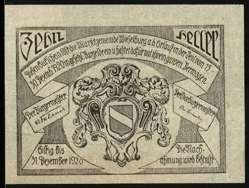 Notgeld Wieselburg 1920, 10 Heller, Wappen und Gebäude der Marktgemeinde