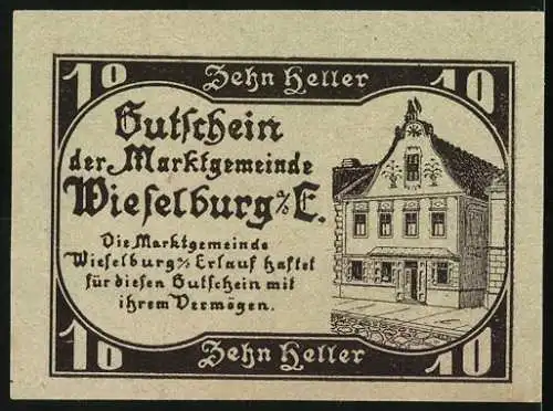 Notgeld Wieselburg 1920, 10 Heller, Wappen und Gebäude der Marktgemeinde