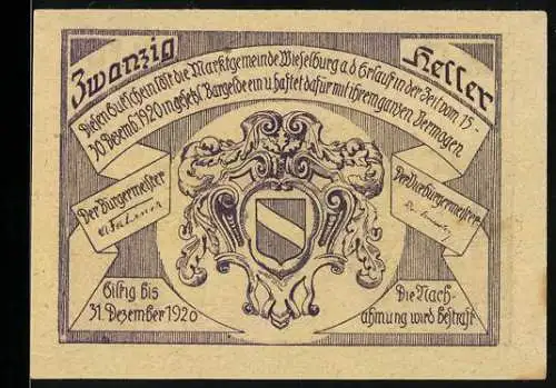 Notgeld Wieselburg 1920, 20 Heller, Wappen und Stadtansicht mit Kirche und Fluss