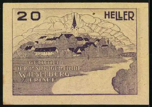 Notgeld Wieselburg 1920, 20 Heller, Wappen und Stadtansicht mit Kirche und Fluss