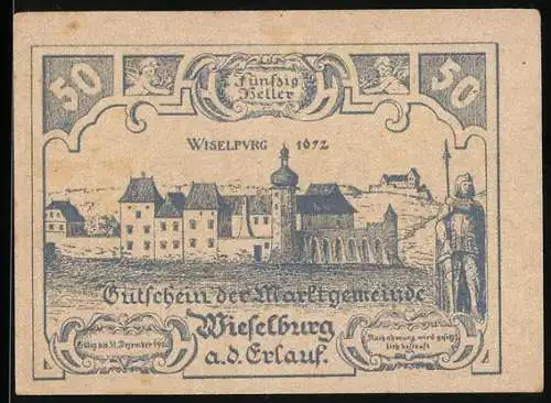 Notgeld Wieselburg 1920, 50 Heller, Stadtansicht mit Ritter und Wappen, gültig bis 31. Dezember 1920