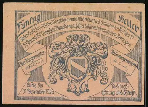 Notgeld Wieselburg 1920, 50 Heller, Stadtansicht mit Ritter und Wappen, gültig bis 31. Dezember 1920