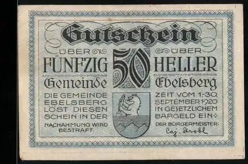 Notgeld Ebelsberg 1920, 50 Heller, Stadtansicht von 1677 mit Wappen und Text über Heimatnot