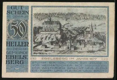 Notgeld Ebelsberg 1920, 50 Heller, Stadtansicht von 1677 mit Wappen und Text über Heimatnot