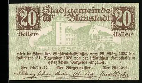 Notgeld Wiener Neustadt 1920, 20 Heller, Stadtansicht und Turmmotiv