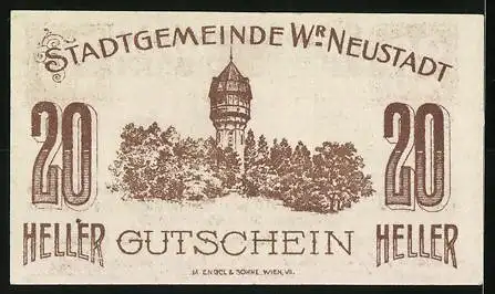 Notgeld Wiener Neustadt 1920, 20 Heller, Stadtansicht und Turmmotiv