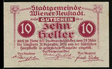 Notgeld Wiener Neustadt 1920, 10 Heller, mit Ziegelturmmotiv und Stadtwappen