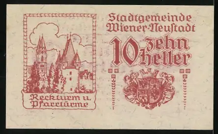 Notgeld Wiener Neustadt 1920, 10 Heller, mit Ziegelturmmotiv und Stadtwappen