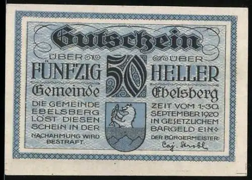 Notgeld Ebelsberg 1920, 50 Heller, Wappen und Stadtansicht von 1677, Text über Kriegsnot