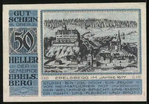 Notgeld Ebelsberg 1920, 50 Heller, Wappen und Stadtansicht von 1677, Text über Kriegsnot