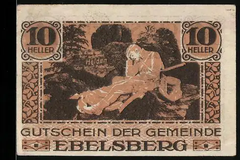 Notgeld Ebelsberg 1920, 10 Heller, schlafender Krieger im Wald, Gemeindewappen und Text