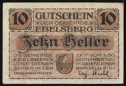 Notgeld Ebelsberg 1920, 10 Heller, schlafender Krieger im Wald, Gemeindewappen und Text