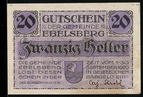 Notgeld Ebelsberg 1920, 20 Heller, Stadtansicht und Wappen, lila Gestaltung, Seriennummer und Bürgermeisterunterschrift