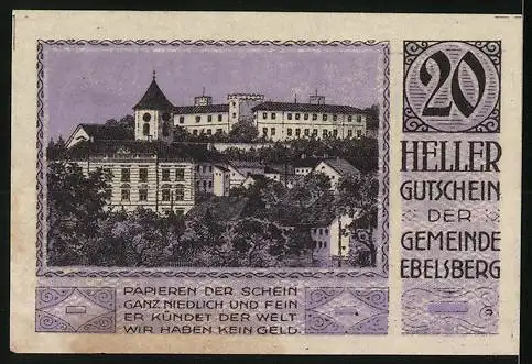 Notgeld Ebelsberg 1920, 20 Heller, Stadtansicht und Wappen, lila Gestaltung, Seriennummer und Bürgermeisterunterschrift