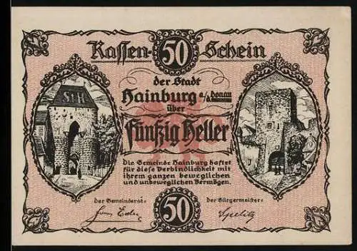 Notgeld Hainburg 1920, 50 Heller, Stadttor und Gebäudeansicht, schwarz-rosa Design