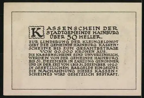 Notgeld Hainburg 1920, 50 Heller, Stadttor und Gebäudeansicht, schwarz-rosa Design