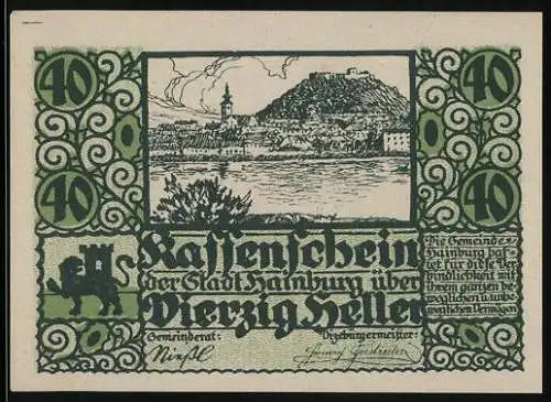 Notgeld Hainburg, 40 Heller, Landschaft mit Burg und Stadtansicht, 1920