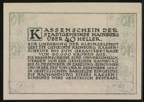 Notgeld Hainburg, 40 Heller, Landschaft mit Burg und Stadtansicht, 1920