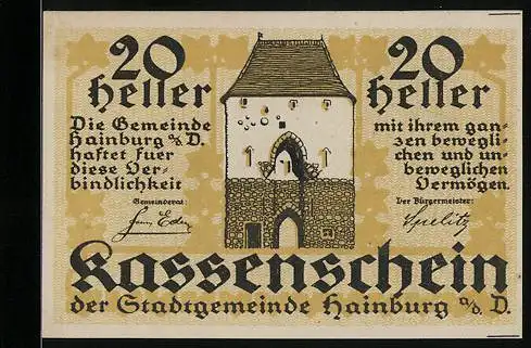 Notgeld Hainburg, 20 Heller, Stadttor-Motiv, Kassenschein der Stadtgemeinde