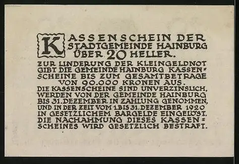 Notgeld Hainburg, 20 Heller, Stadttor-Motiv, Kassenschein der Stadtgemeinde