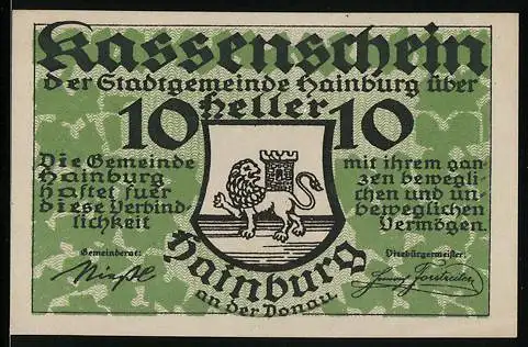 Notgeld Hainburg an der Donau, 10 Heller, Löwe im Wappen, grün-schwarzer Text, 1920