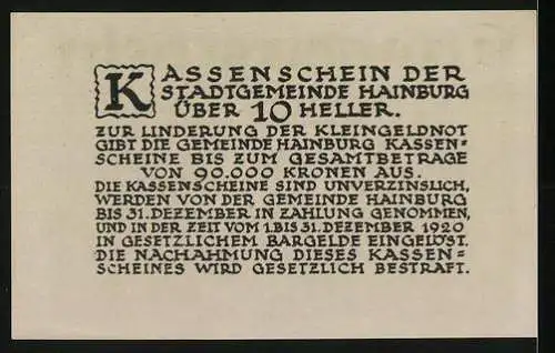 Notgeld Hainburg an der Donau, 10 Heller, Löwe im Wappen, grün-schwarzer Text, 1920