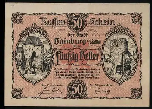 Notgeld Hainburg 1920, 50 Heller, Stadtansichten und Text über Ausgabe von Kassenscheinen