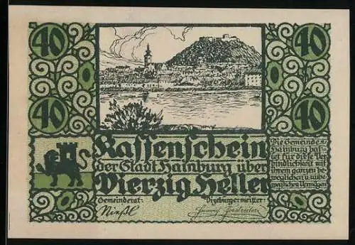 Notgeld Hainburg 1920, 40 Heller, Stadtansicht mit Burg und Löwenwappen