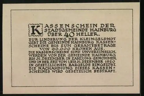 Notgeld Hainburg 1920, 40 Heller, Stadtansicht mit Burg und Löwenwappen