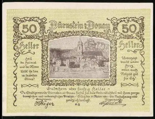 Notgeld Dürnstein 1920, 50 Heller, Stadtansicht mit Kirche und Burg, florales Design